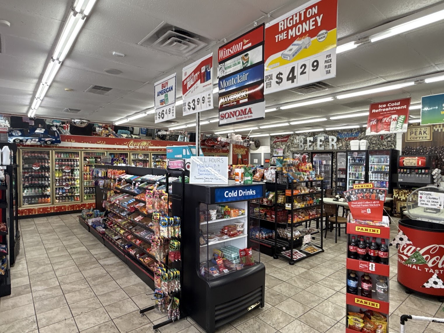 Inside the store — aisles, cold drinks, and beer